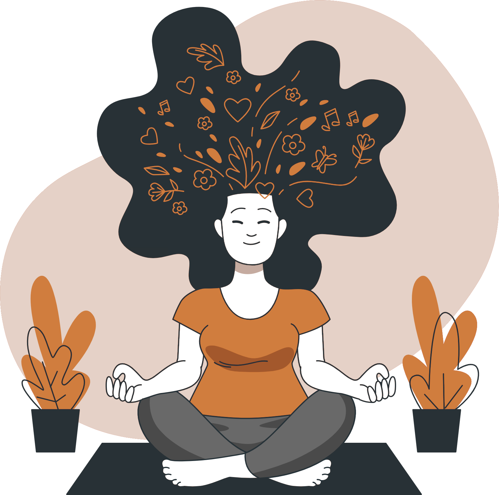 Illustration einer meditierenden Person mit Symbolen im Kopf – Symbol für mentale Klarheit und Fokus