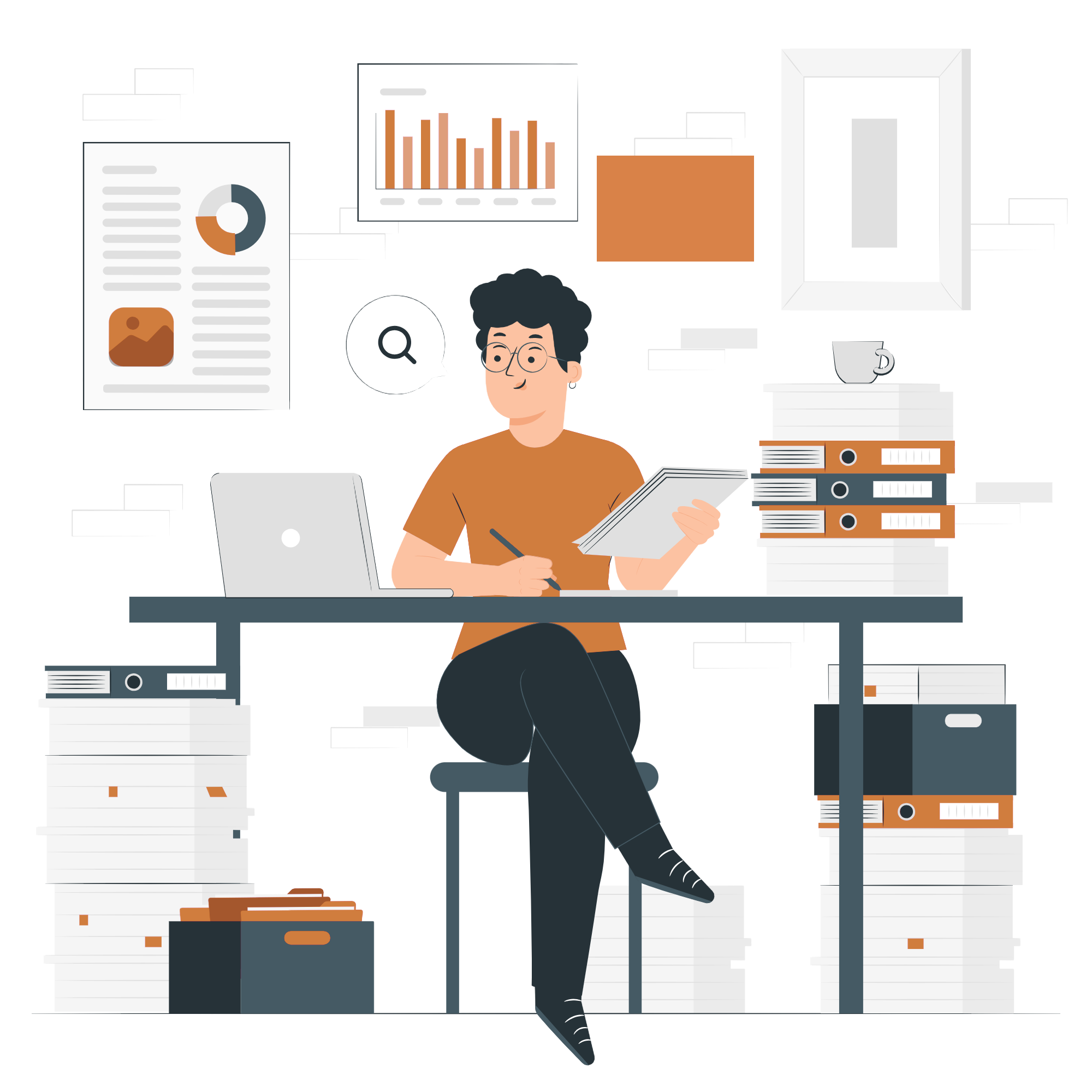 Illustration einer Person, die am Laptop arbeitet, umgeben von Diagrammen – Symbol für Datenanalyse