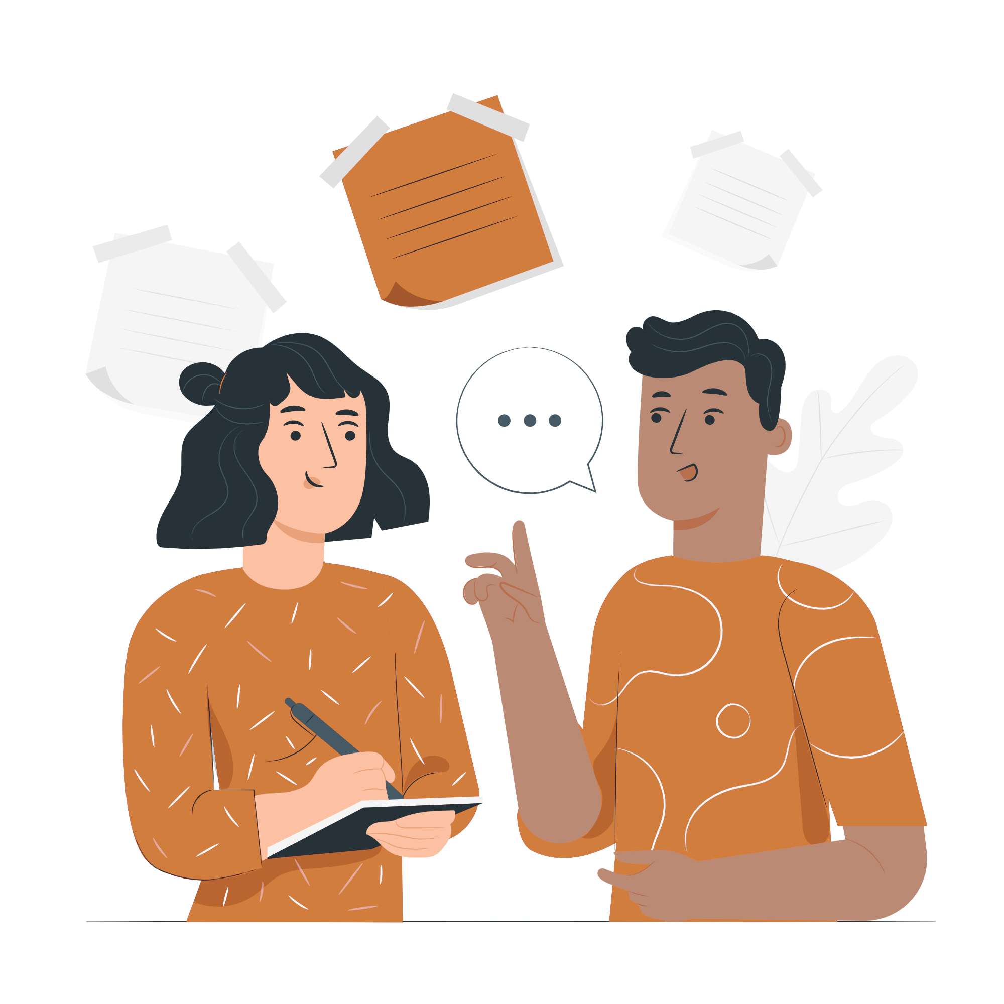 Illustration von zwei Personen im Gespräch mit Notizblock – Symbol für Interview oder Feedbackgespräch