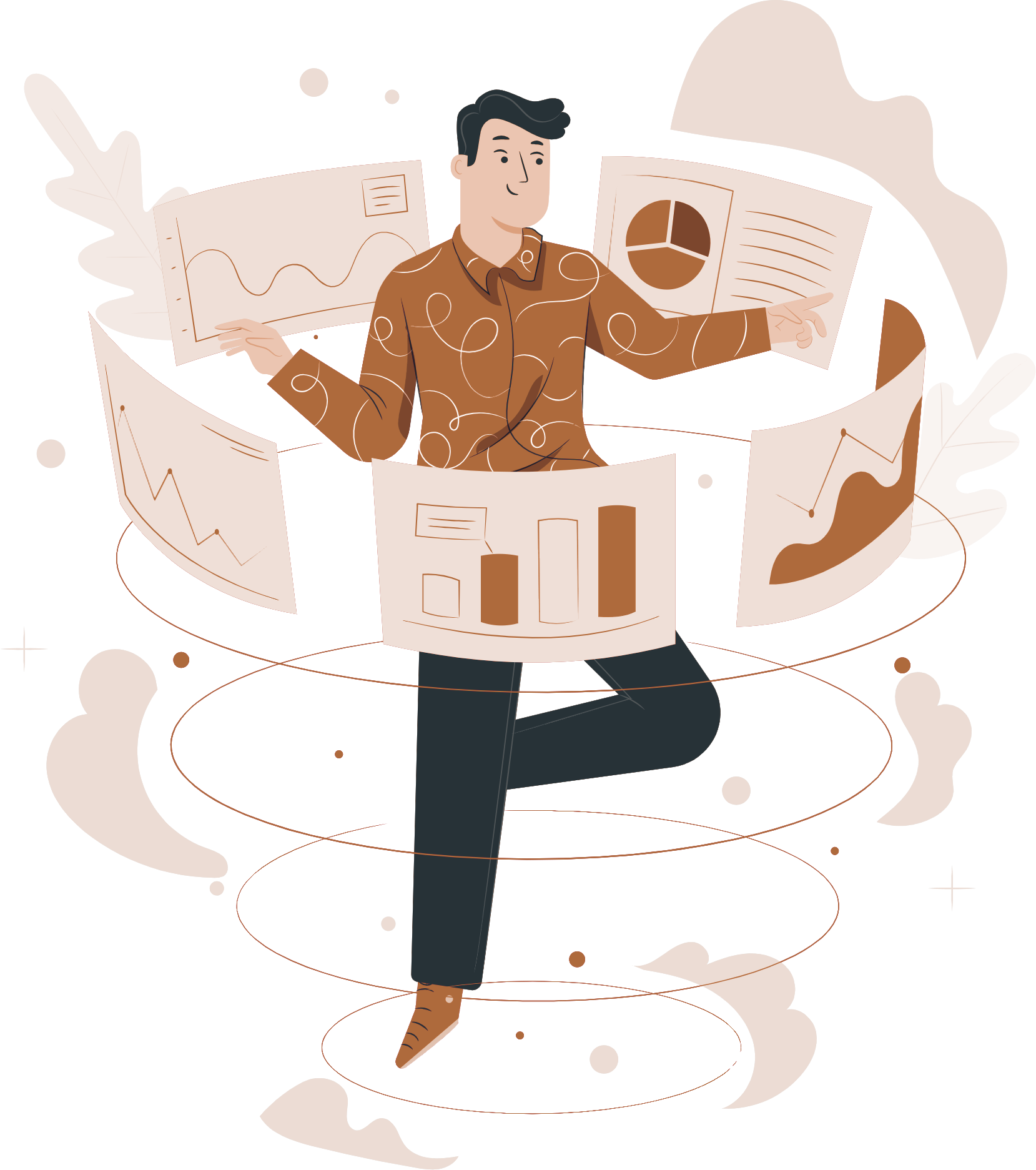 Illustration einer Person mit geöffnetem Karton und schwebenden Symbolen – Symbol für Ideenfindung und Kreativität