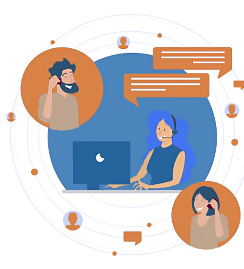 Virtuelles Meeting mit zwei Personen am Laptop und Chatblasen – Darstellung für Online-Kommunikation.